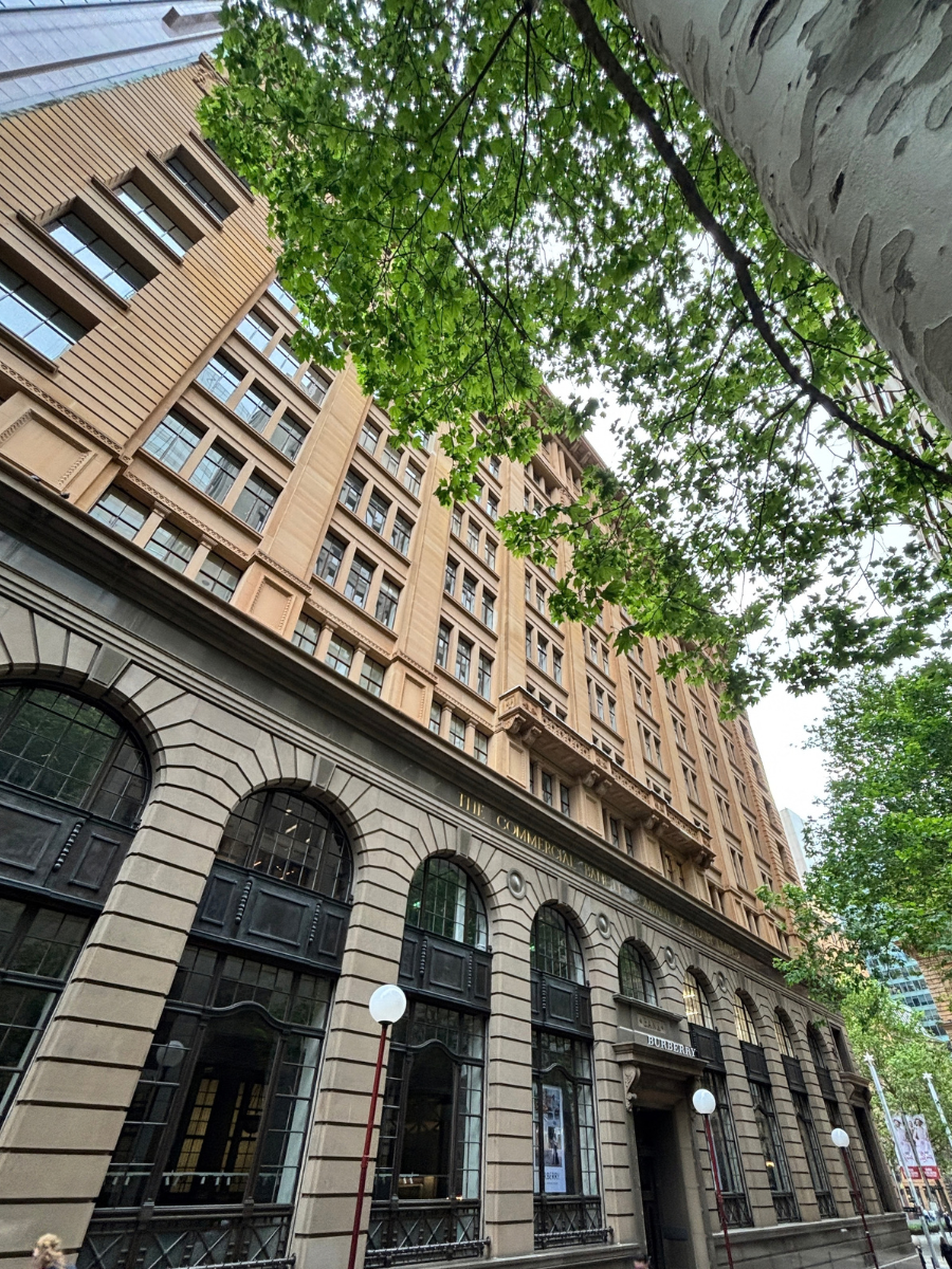 Sandstone facade of 343 George Street, Sydney, seen from the footpath